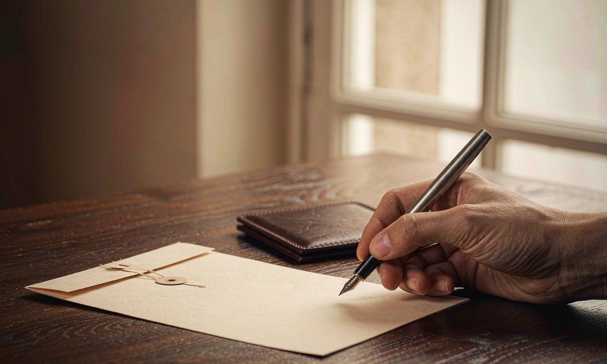 Fountain pen drafting a formal letter on cream stationery