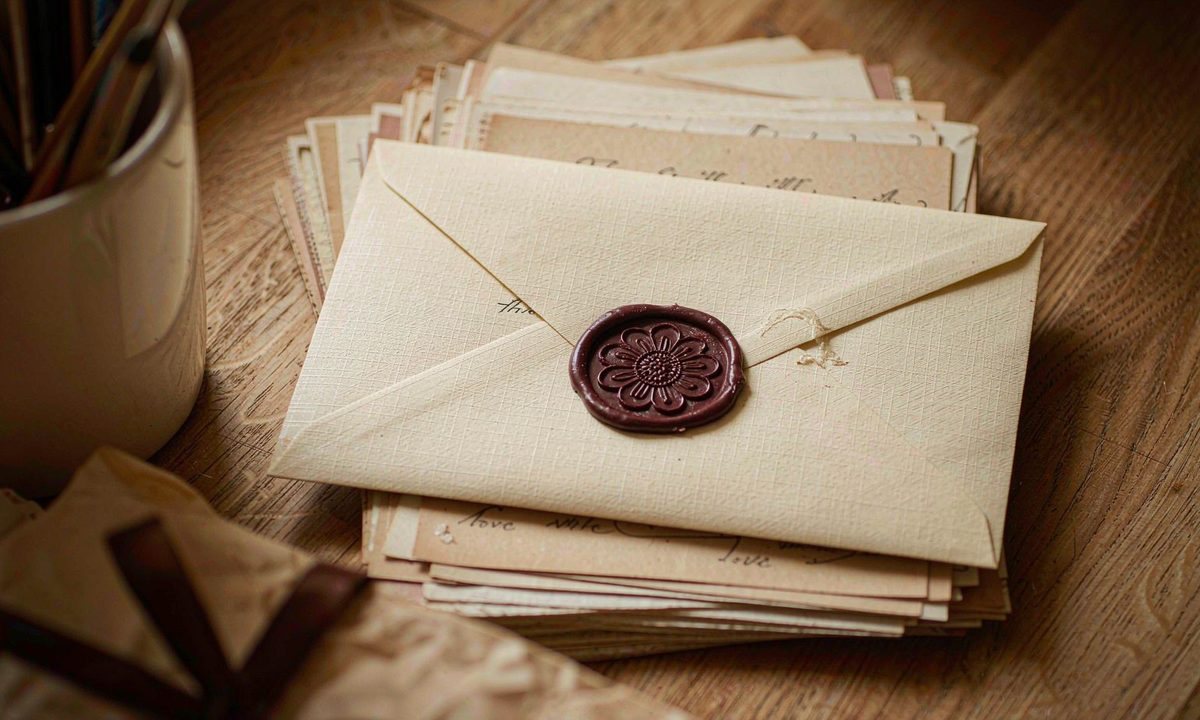 Wax-sealed envelope resting on a stack of formal letters